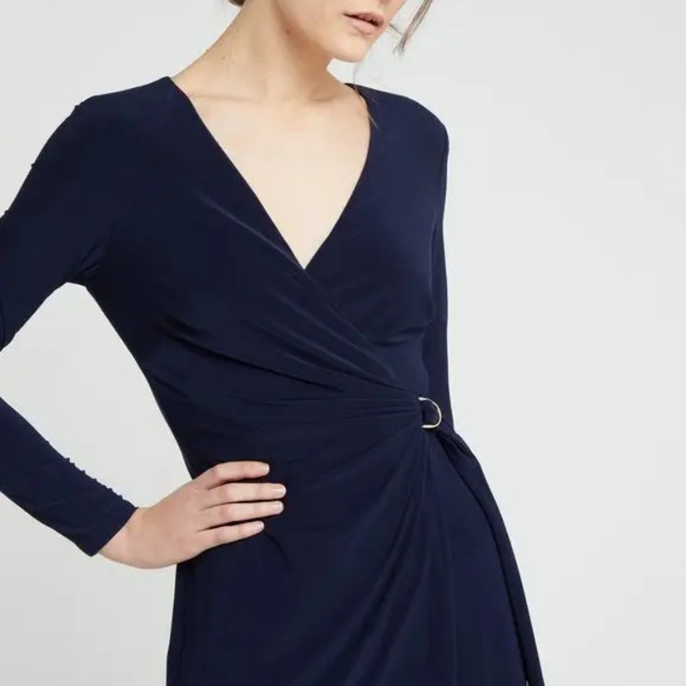 NWT RALPH LAUREN Casondra Navy Blue Sheath Jersey Knee Length Dress SZ 14